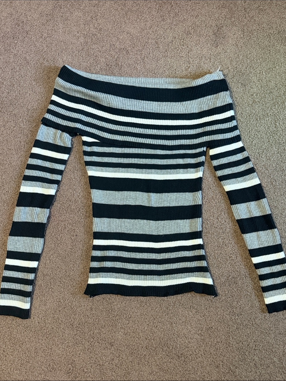 Striped Off-the-Shoulder Ribbed Sweater - Black, Gray, White